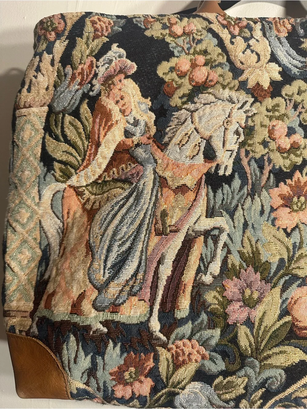 Vintage Tapestry Tote Bag with Leather Trim - Black Floral Scene & Horse